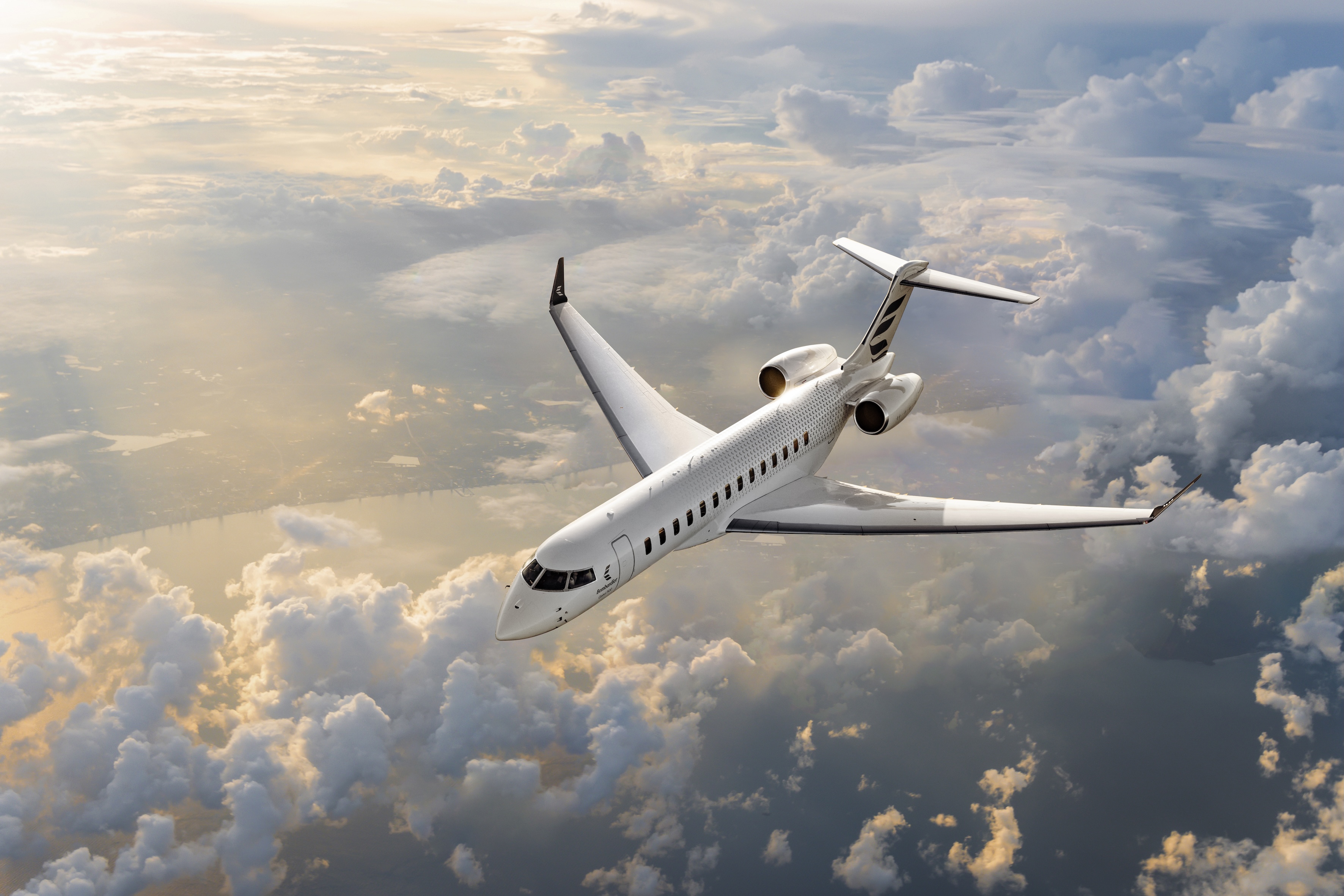 Bombardier Global 7500 ultra-long range jet above clouds